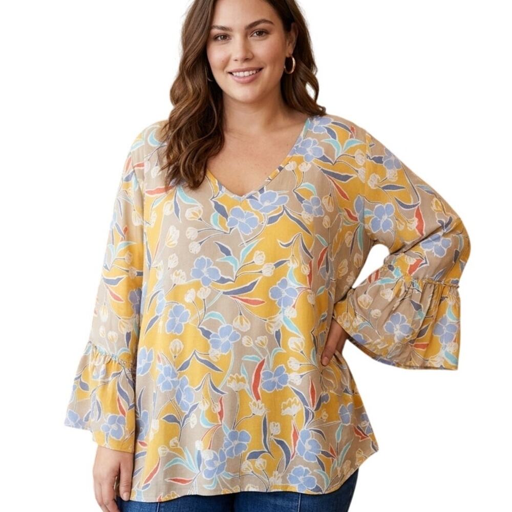 Zac & Rachel Bell Sleeve Blouse Womens Size 2X Yellow Floral V-Neck Boho Top